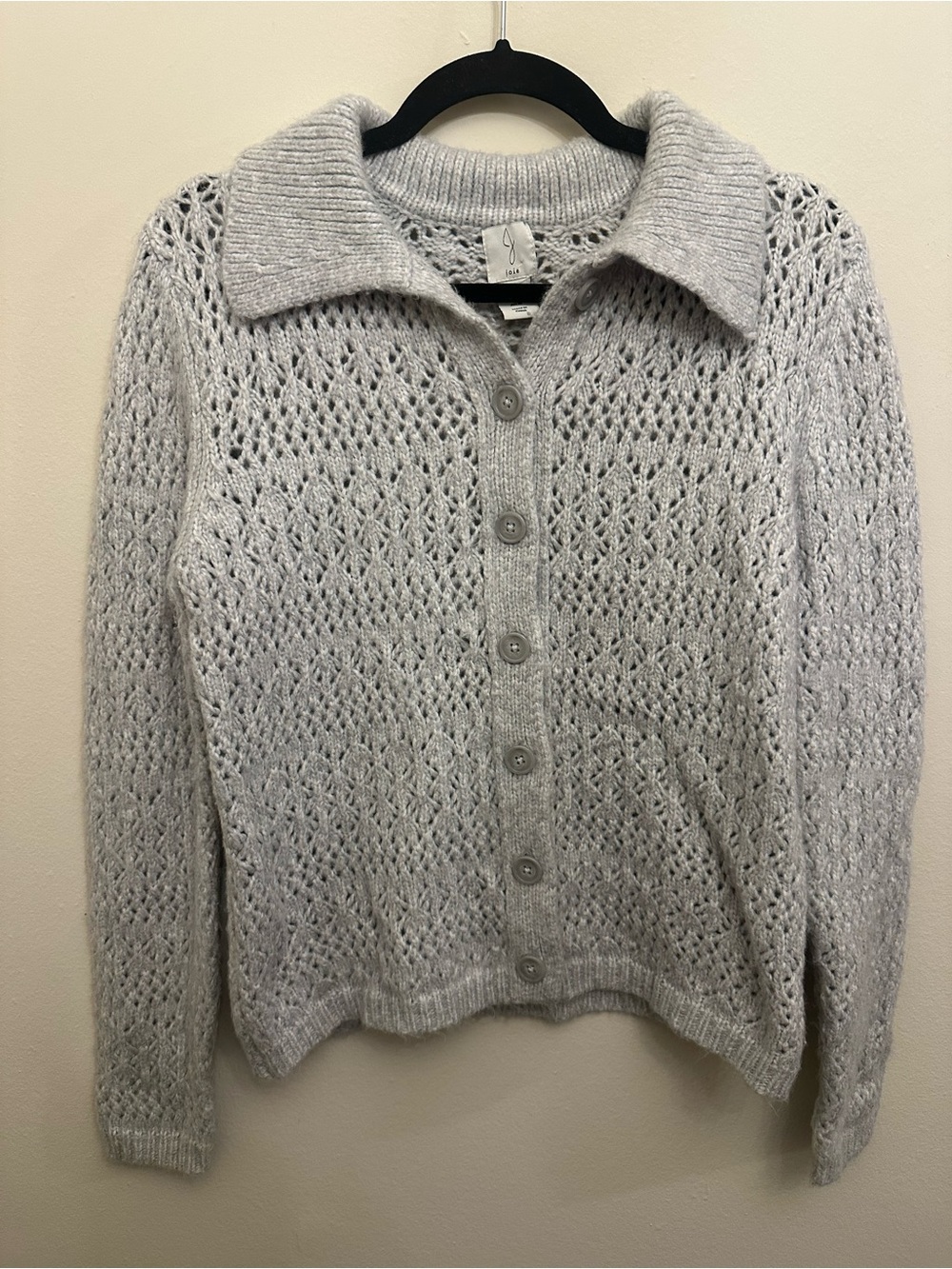 Joie M Gray Pointelle Open Knit Collared Button Front Cardigan Sweater Minimal
